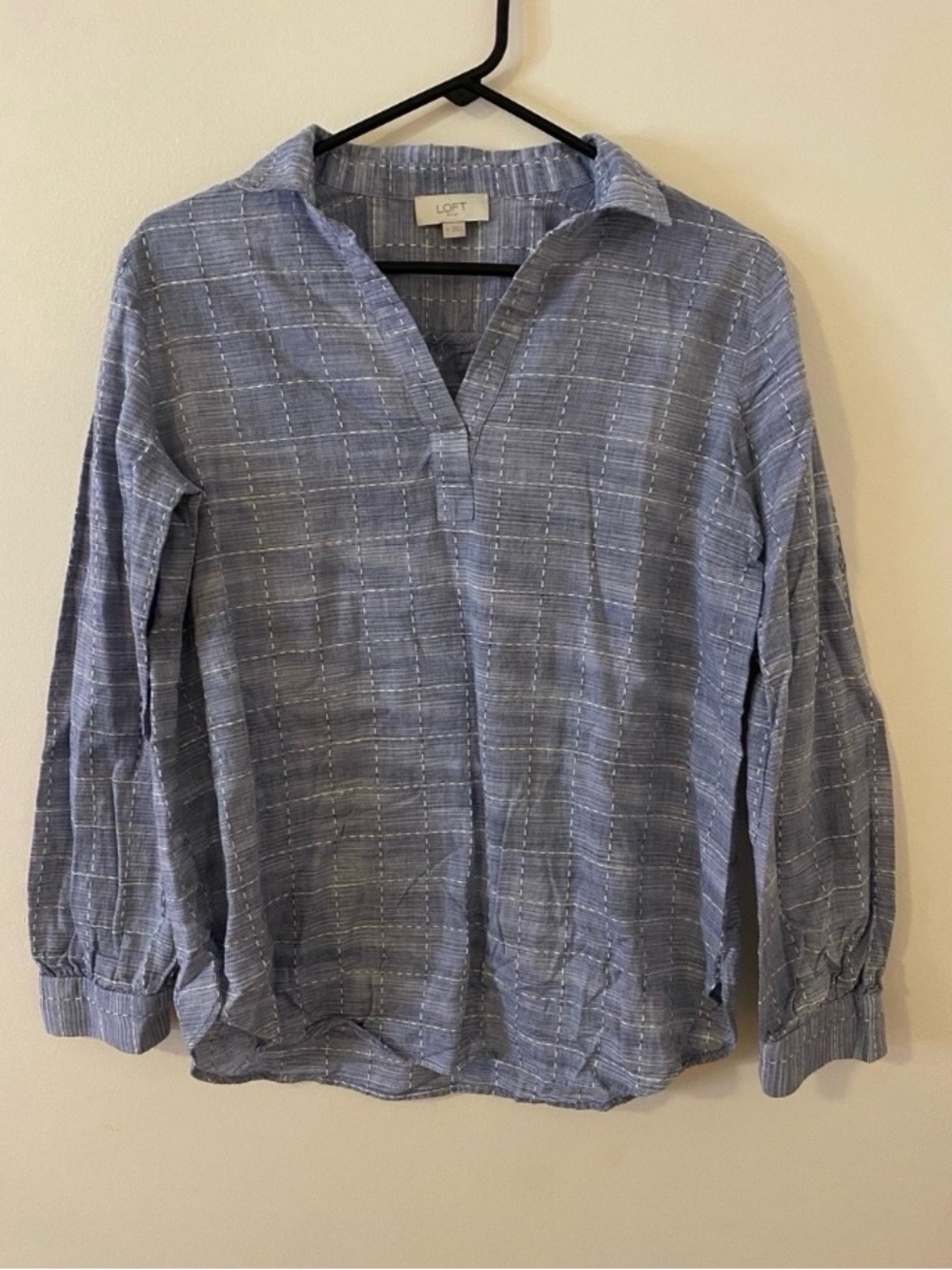 LOFT Light Blue Plaid Pullover Button-Style Long Sleeve Shirt